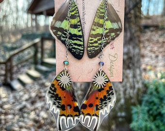 Papillon de nuit de Madagascar, véritables boucles d'oreilles en ailes de papillon, superposées, arc-en-ciel, argent, carillon éolien, fantaisiste, ailes de fée, origine éthique