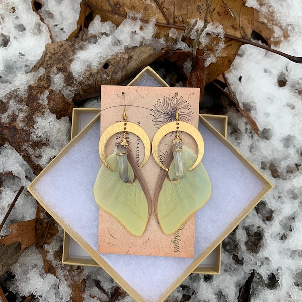 Luna Moth Earrings, real butterfly wing earrings, gold crescent moon, wire wrapped aura quartz, magical, statement, cruelty free