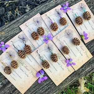 Kleine dennenappeloorbellen, echte dennenappeloorbellen, dageraadsequoia, hars, dennenboom, aardekrijger, natuursieraden, boho, kies je kleurdraad