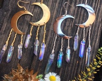 Crescent Moon Earrings, goddess, silver, gold, electroplated aura quartz crystal, magical, faerie, statement, bohemian earrings