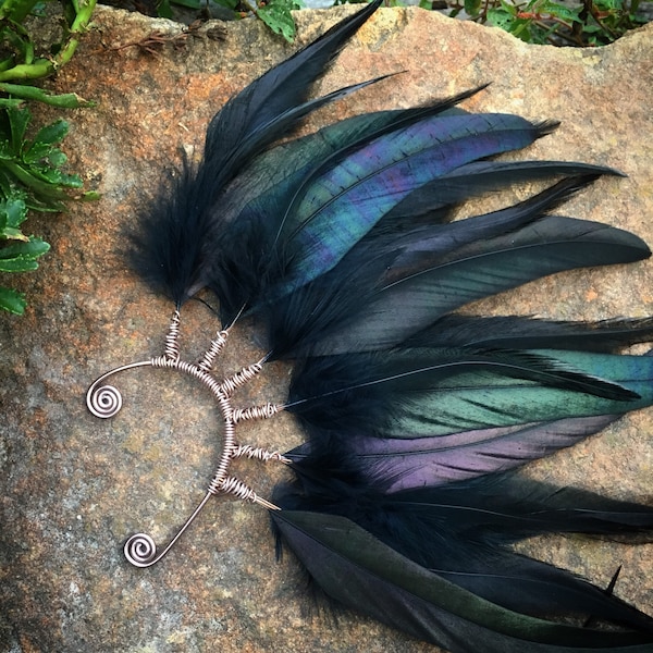 Black Feather Ear Cuff, long feather earrings, statement earrings, festival feather earrings, raven, crow, burning man, gothic
