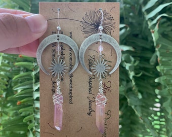 Pink Celestial Aura Quartz Earrings, pastel pink, silver crescent moons, gold crescent moons, star bursts