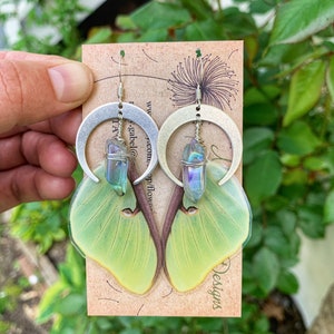 Silver Crescent Moon~ Luna Moth Earrings, real butterfly wing earrings, wire wrapped aura quartz, magical, statement, cruelty free