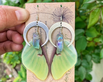 Silver Crescent Moon~ Luna Moth Earrings, real butterfly wing earrings, wire wrapped aura quartz, magical, statement, cruelty free