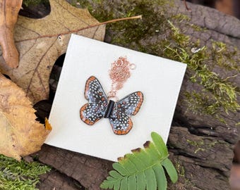 Butterfly Wing Necklace, BALTIMORE CHECKERSPOT, black tourmaline, rose gold, real insect wings, resin coated, fairy, statement, ethical