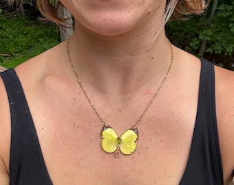Real Butterfly Wing Necklace, YELLOW SULPHUR, insect wings, resin coated, ethereal fairy wings, statement, ethical