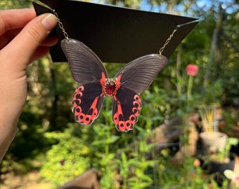 Butterfly Wing Necklace, SCARLET MORMON, real insect wings, resin coated, ethereal fairy wings, GOTHIC, statement, ethical