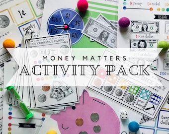 May include: A colorful money themed activity pack for kids. The pack includes a variety of games and activities to help children learn about money. The pack includes a piggy bank, dice, and a spinner.