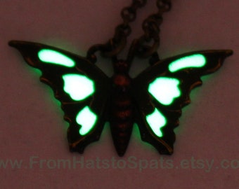 Butterfly Necklace, Aqua Green Glow in the Dark. Hand Painted Antique Brass Pendant with Rolo Chain