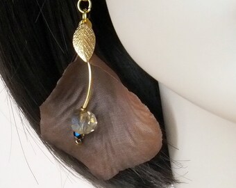 Chocolate Brown Silk Petal Earrings with Crystal Drops and Gold Plated Leaves.  Natural Floral Theme Boho Jewelry! Hypoallergenic Wires