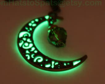 Leaf Green Glow in the Dark and Antique Bronze Crescent Moon Pendant, with a Green Vintage Crystal Drop. Glowing Pagan Jewelry