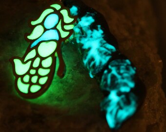 Mermaid with Aqua Blue and Leaf Green Glow in the Dark. Mermaid Swimming in the Kelp. Hand Crafted Pendant Handmade Glow in the Dark Jewelry