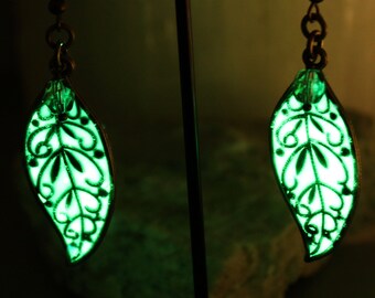 Green Glow in the Dark Antique Brass Filigree Leaf Shape Earrings with Blue Green Czech Crystal Drops! Handmade Glowing Filigree Leaves!