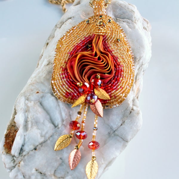 Shibori Silk Ribbon Hand Embroidered Pendant, with Gold, Red Crystal Beading. 100% OOAK Artisan Jewelry.