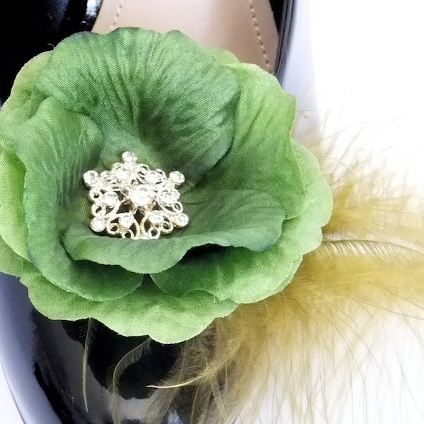 Dark Green Shoe Clips with Textured Silk Rose Petals, Moss Green Marabou Feathers and Rhinestone Centers. Shoe Jewelry for Weddings or Prom