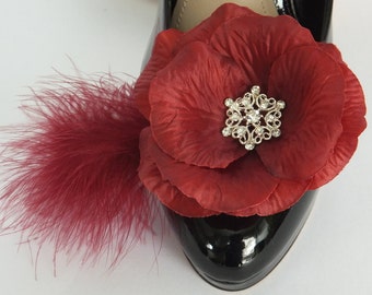 Burgundy shoe clips | textured silk rose | burgundy marabou feathers | rhinestone centers