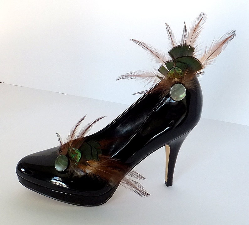 Brown and Green Feather Shoe Jewelry. with a Green Mother of Pearl Focal Bead Feathered Wedding Shoe Clips