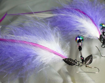 Purple feather earrings with peacock crystal and black etched leaf drops