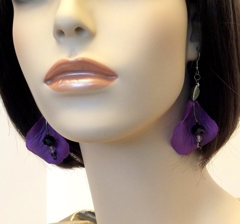 Deep dark purple silk petal earrings Black crystal drop Etsy