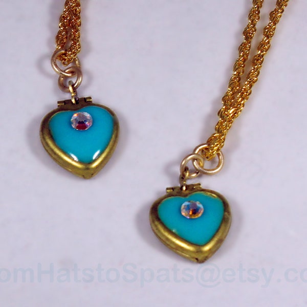 Heart Locket in Vintage Brass with Turquoise Blue Glow in the Dark and Czech Preciosa Crystal