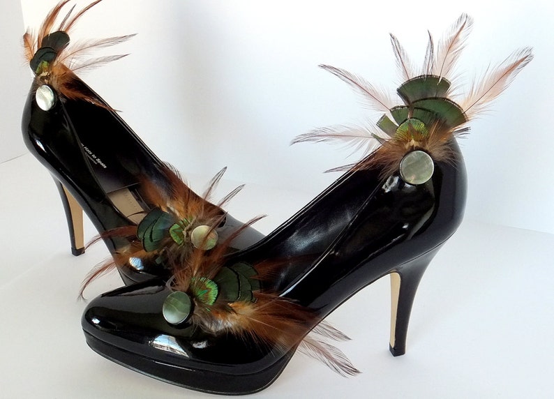 Brown and Green Feather Shoe Jewelry. with a Green Mother of Pearl Focal Bead Feathered Wedding Shoe Clips