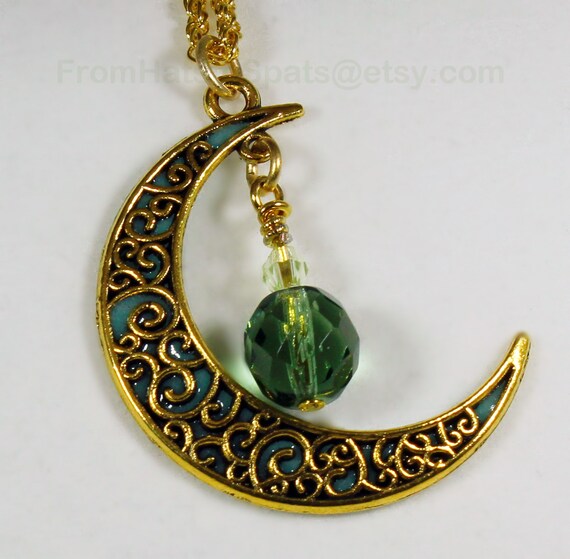 Leaf Green Glow in the Dark and Antique Bronze Crescent Moon Pendant Pendatif Lune Lueur with a Green Vintage Crystal Drop