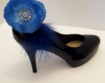 Bridal Blue Silk Flower Shoe Clips with Sparkle!  Wedding Blue Ombré Silk Petal and Rhinestone Clips. Summer Festival Shoe Jewelry1