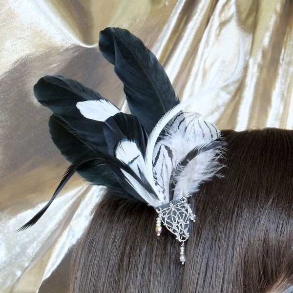 Black and White Feather Fascinator with Scroll Filigree Focal