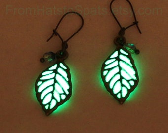 Aqua or Green Glow in the Dark Earrings. Bronze Leaf Earrings, with Czech Crystal Beaded Drop. Hand crafted Jewelry Gifts