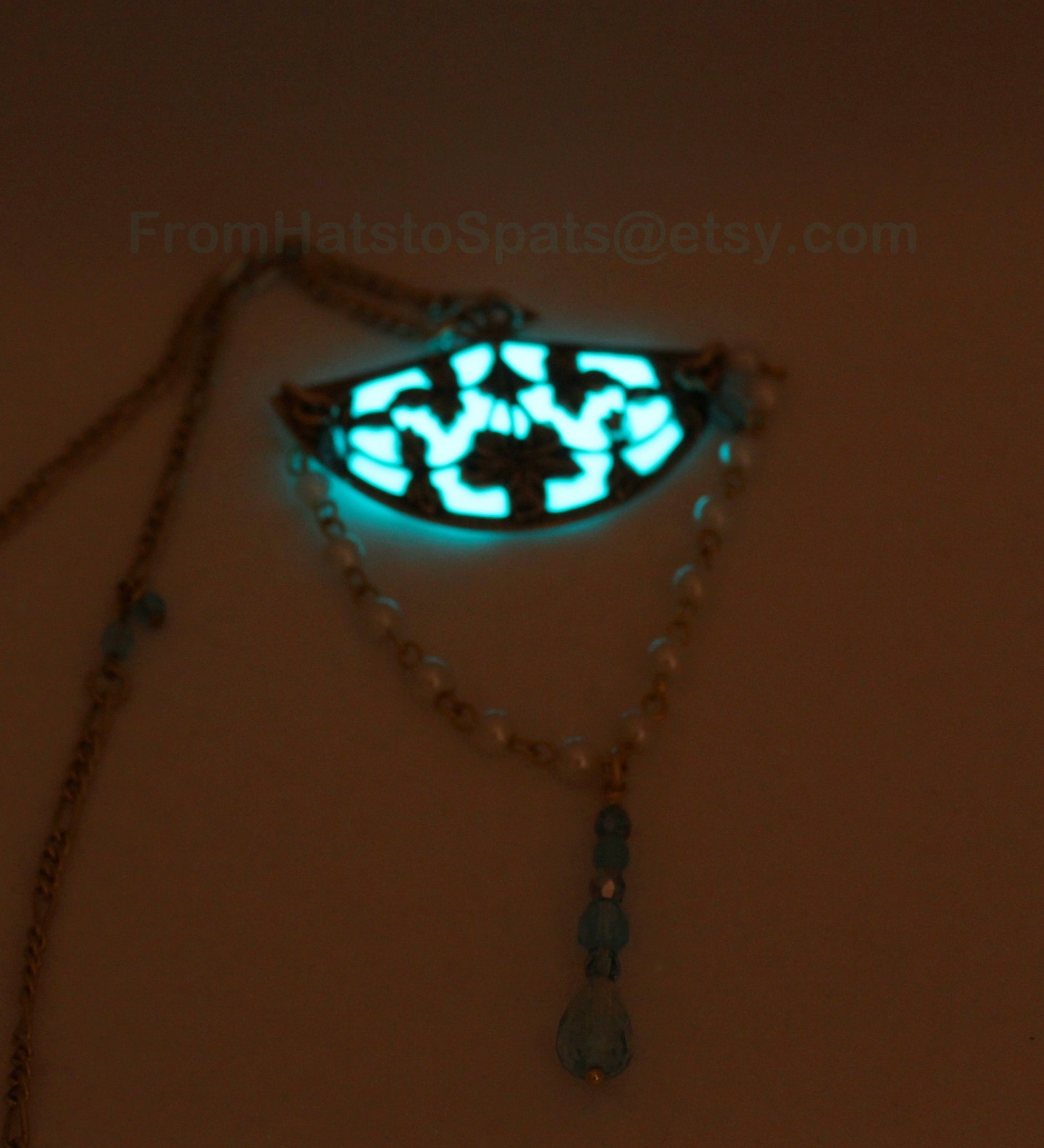 Victorian Fan Necklace With Pearl Chain and Aqua Blue Glow in Etsy
