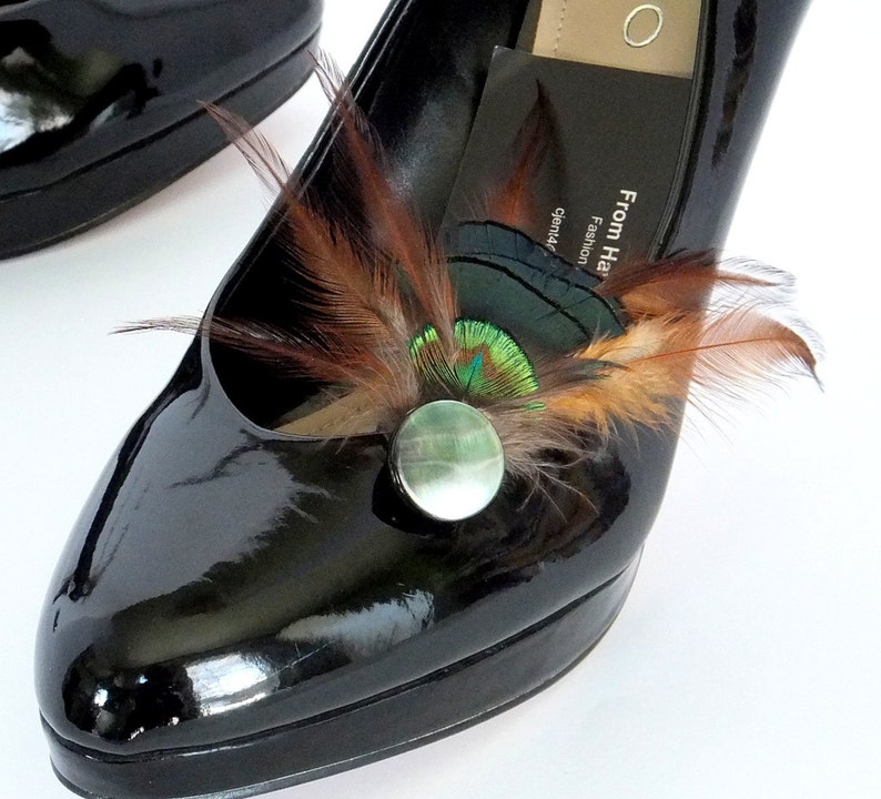 Brown and Green Feather Shoe Jewelry. with a Green Mother of Pearl Focal Bead Feathered Wedding Shoe Clips