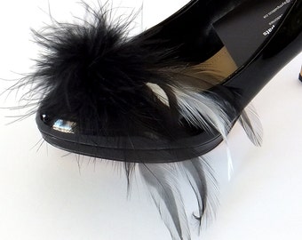 Retro Shoe Clips with Black Marabou Pom-Poms  and Elegant Black and White Feathers