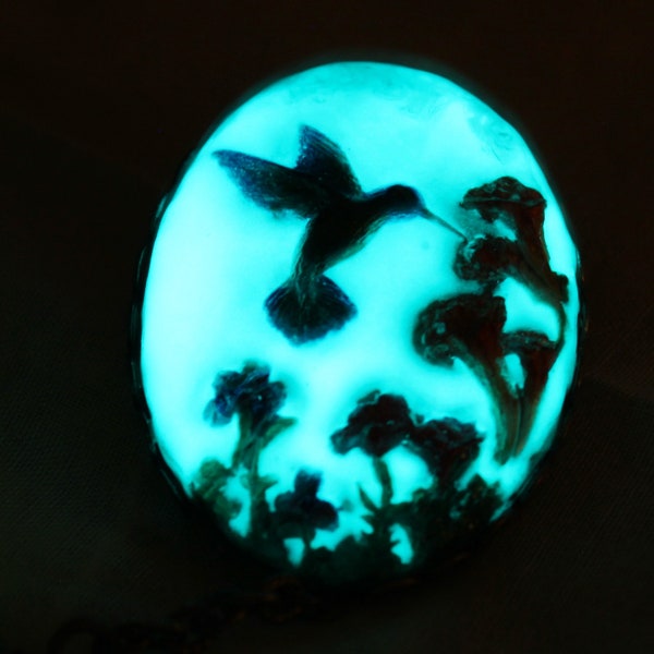 Hand Painted Hummingbird Floral Cameo Pin Brooch with Glowing Flower Drop and Aqua Glow in the Dark Background, Hand Crafted Glowing Jewelry