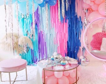 4 strand - 8 feet Fringe Backdrop Plastic Tablecloth Fringe Backdrop, Vynl fringe, flag tape, flagging tape, photo backdrop, picture backdro