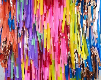 4 Piece Tablecloth Fringe Backdrop "Wall", Flagtape Backdrop, streamer wall  Fringe Backdrop, Birthday, Party Theme, Customizable streamer w