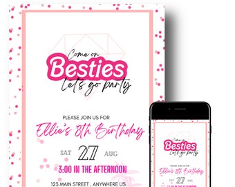 Lets go Party Invitation, Doll Birthday Party, Hot Pink Birthday Party Invitation, Pink Doll Birthday Invitation, Doll Invitation