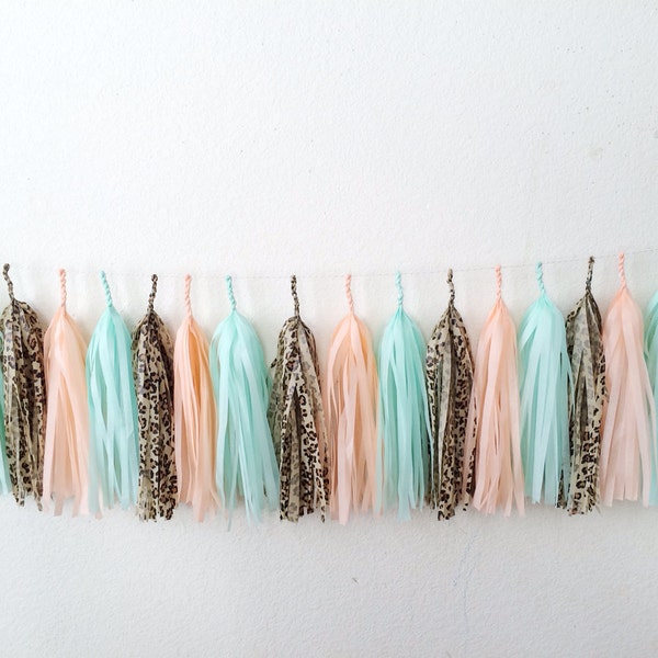 Safari Leopard, peach mint banner, tissue garland, animal print, wild one, safari, african, africa, cake Glam Tissue Paper Tassel Garland