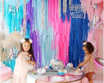 4 strand - 8ft  wide Flag tape backdrop, Plastic Tablecloth Fringe Backdrop, Vynl fringe, flag tape, flagging tape, photo backdrop, picture