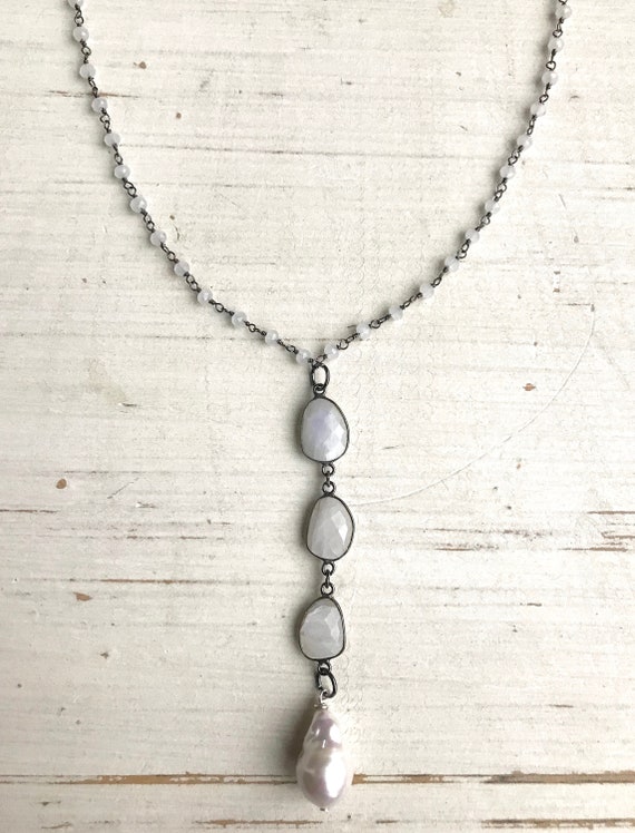 Rainbow Moonstone Oxidize Silver Pave Diamond Half Moon Pendant Necklace 18 inch