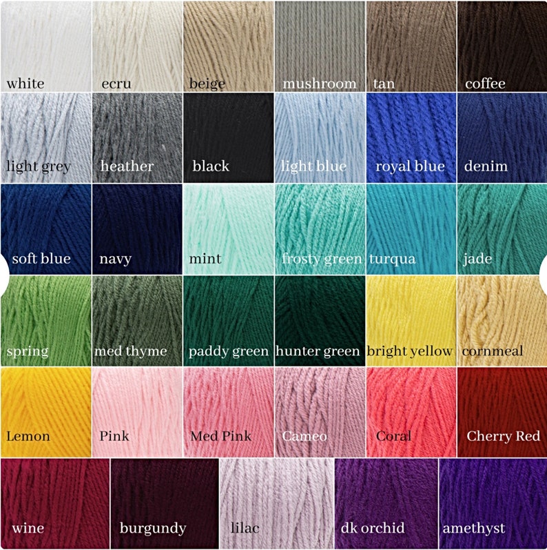 May include: A color chart of yarn skeins in a variety of colors, including white, black, blue, green, yellow, pink, and purple. Each color is labeled with its name, such as "white," "black," and "royal blue."