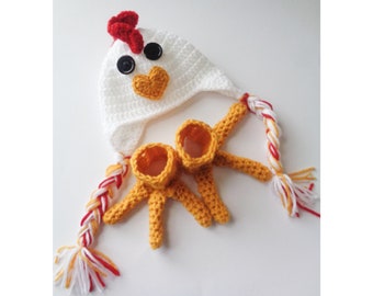 Chicken Hat and Feet Set, Family Photo Prop, Farm Animal Costume Hat, Family Fun Hats, Farm animals, baby gift, winter hat