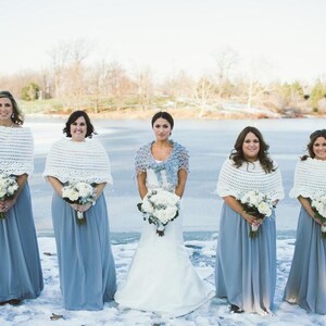 May include: Five people wearing formal attire stand in front of a frozen lake. The bridesmaids wear long, light blue dresses and white crocheted shawls. The bride wears a white dress and a blue shawl, holding a bouquet of white flowers.