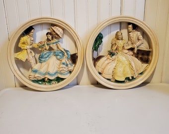 Vintage Pair Chalkware Colonial Couple Wall Hanging