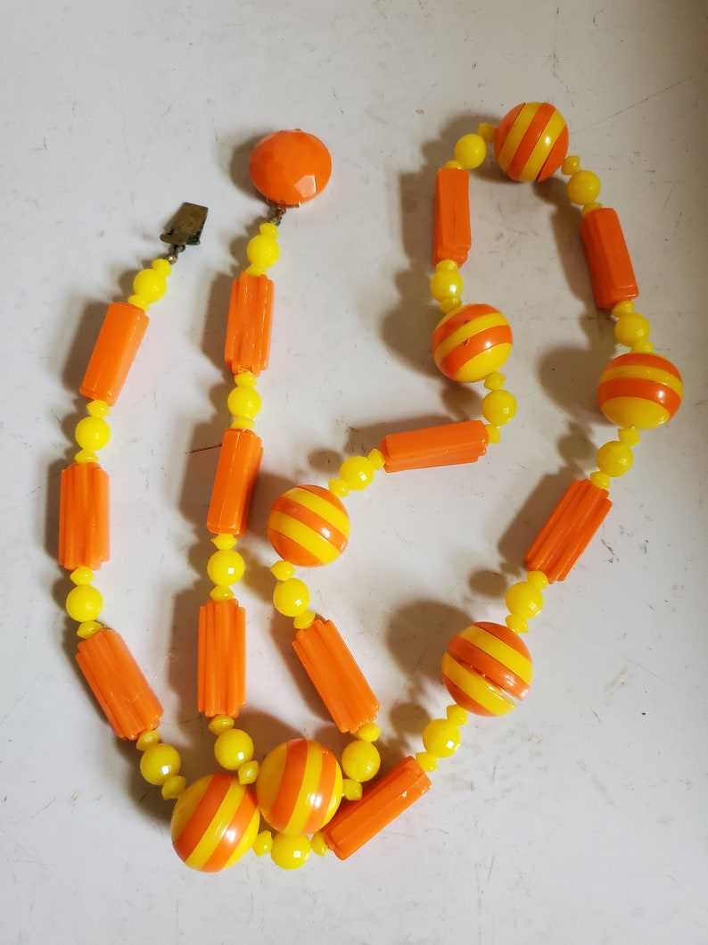 Yellow Plastic Beads Necklace Vintage 1960s Orange