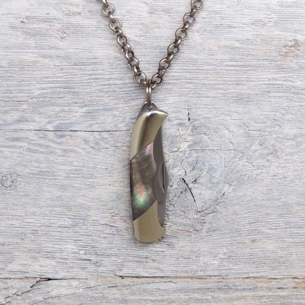 Miniature Pocket Knife Necklace » Black Pearl » Antiqued Silver Chain » Men's Necklace » Necklaces for Men » Rock Jewelry » Hipster Jewelry