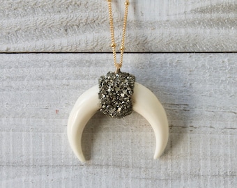 Crushed Pyrite Double Horn Necklace » Boho Jewelry » White Crescent Moon Horn Pendant » Double Horn Necklace