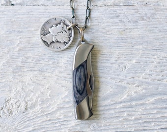 Pocket Knife Necklace » Sterling Silver » Vintage Coin » Men's Necklace » Gifts for Men » Mercury Dime Talisman » Amulet » Unisex Jewelry