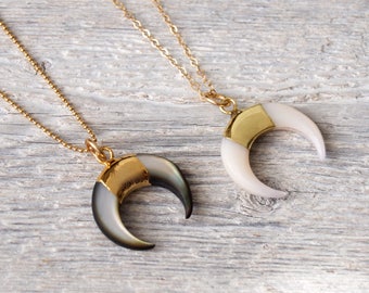 Tiny Double Horn Necklace » Mini Crescent Moon Necklace » Hand Carved Shell Pendant » Boho Jewelry » Layering Necklaces » Gold Plated Shell