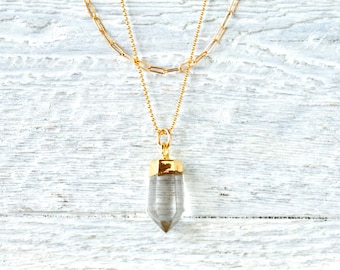 Clear Quartz Necklace » Quartz Point Pendant » Healing Crystals » Boho Jewelry » Layering Necklaces » Gold Plated Gold Filled