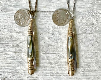 Miniature Pocket Knife Necklace » Mini Pocket Knife » Stiletto Knife » Vintage Coin Necklace » Buffalo Nickel » Good Luck Charm
